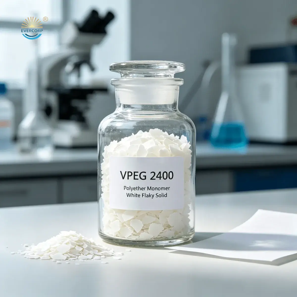 VPEG 2400 polyether monomer appears as white to off-white flakes, suitable for PCE superplasticizer synthesis.