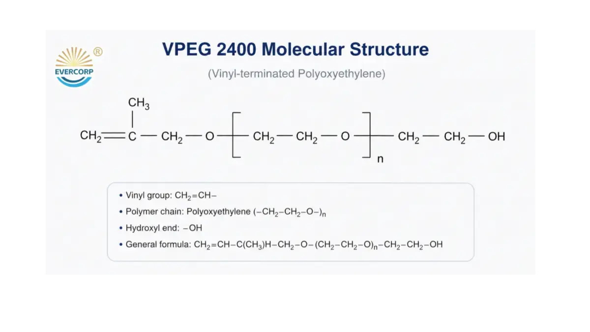 VPEG 2400 chemical structure showing the reactive vinyl terminal group and hydrophilic polyethylene oxide chain for PCE copolymerization