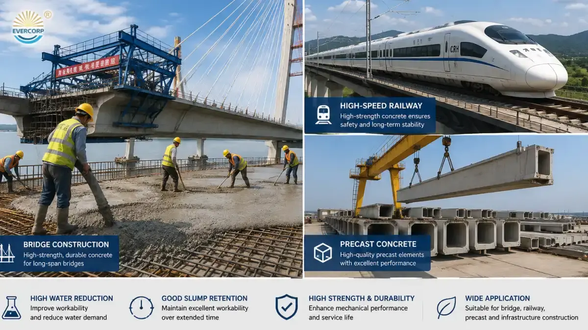 High-strength concrete placement using PCE superplasticizer formulated with VPEG 2400 monomer for bridge and high-speed rail infrastructure