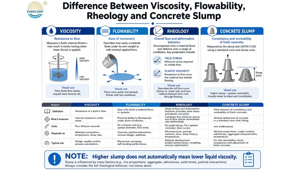 Difference between viscosity flowability rheology and concrete slump