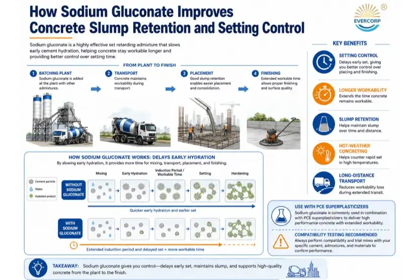 How sodium gluconate improves concrete slump retention and setting control