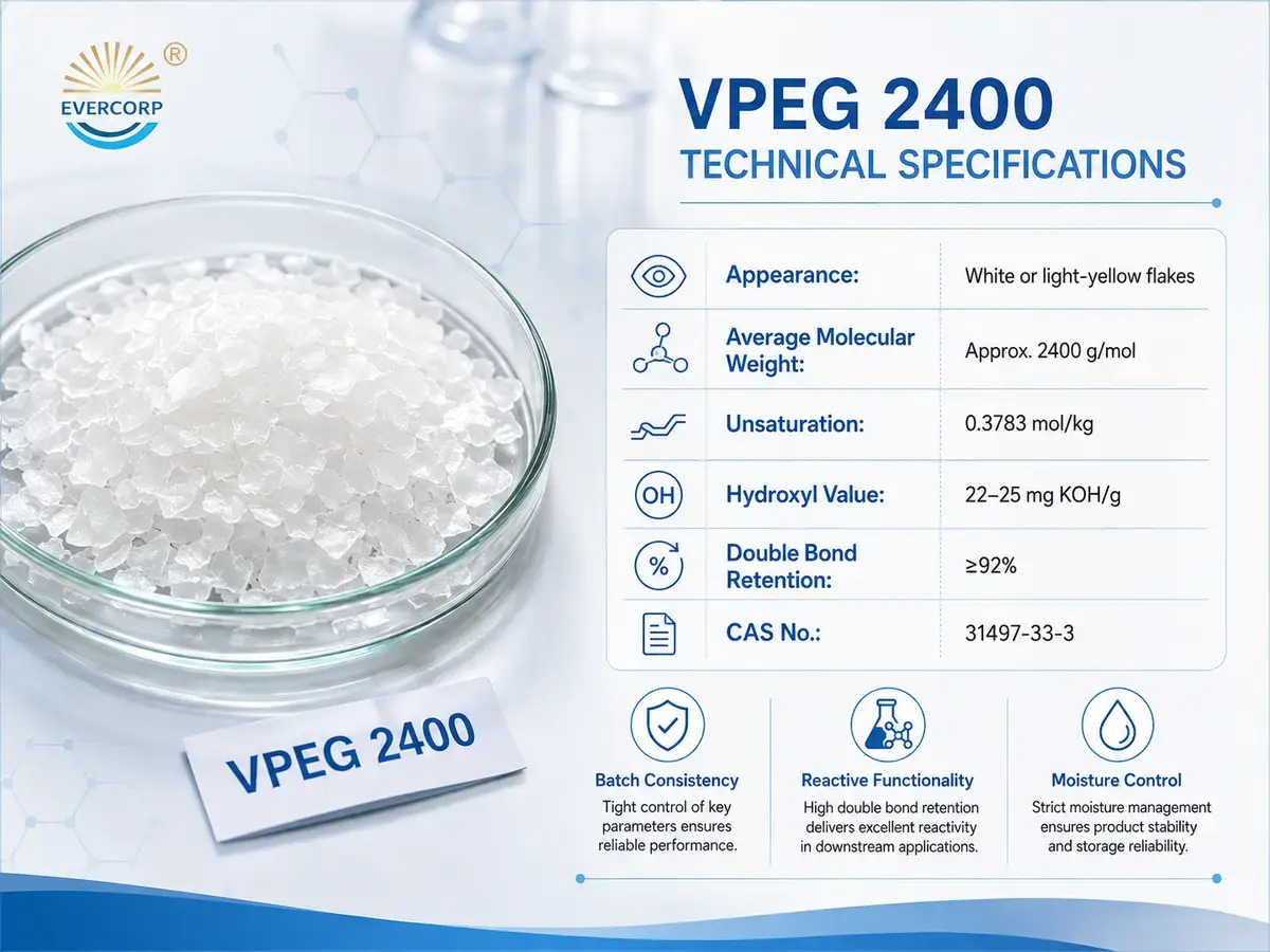 VPEG 2400 technical specifications including molecular weight, unsaturation, hydroxyl value and double bond retention VPEG 2400 technical specifications including molecular weight, unsaturation, hydroxyl value and double bond retention