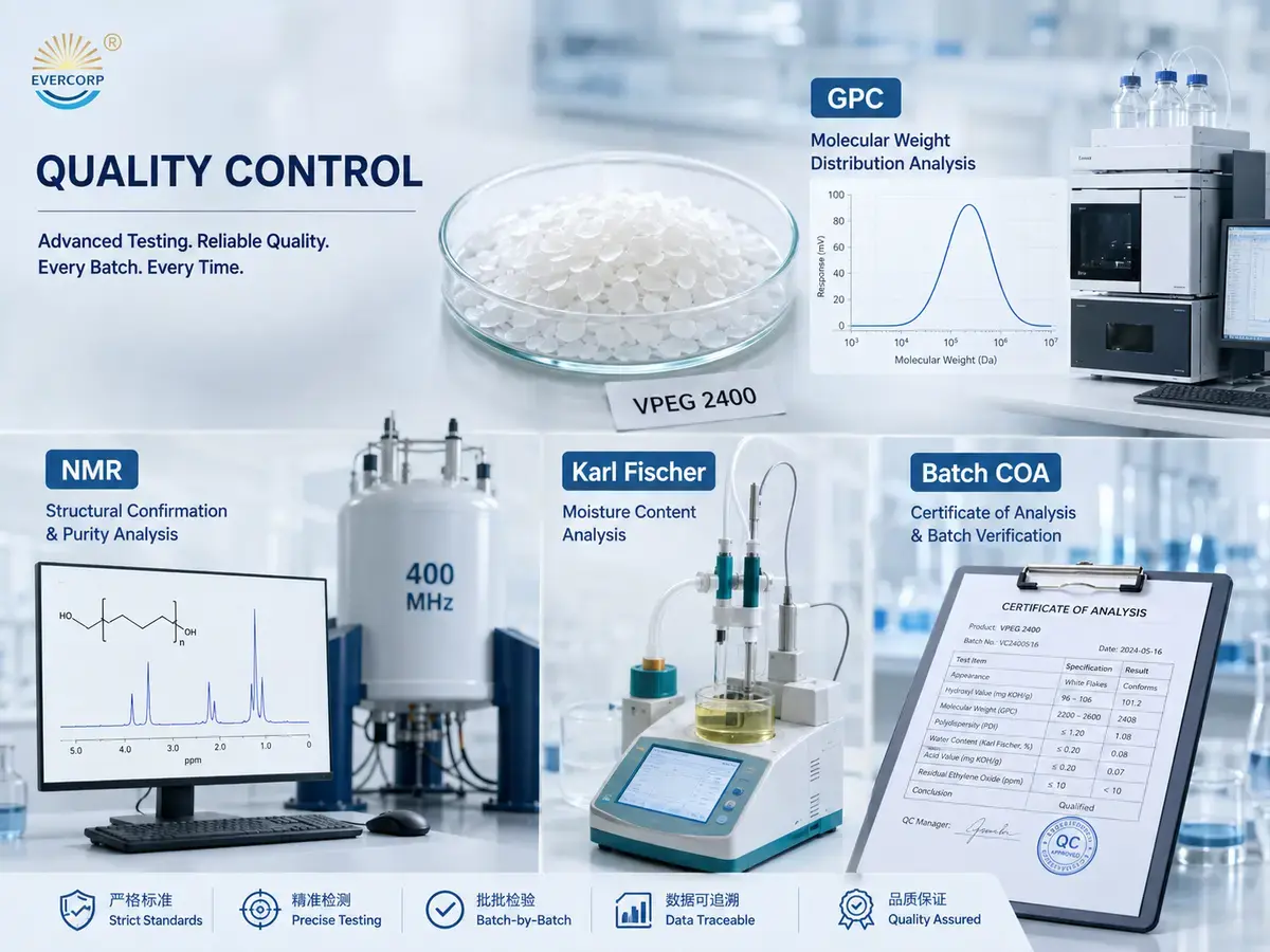 VPEG 2400 quality control testing with GPC, NMR, Karl Fischer analysis and batch COA verification VPEG 2400 quality control testing with GPC, NMR, Karl Fischer analysis and batch COA verification