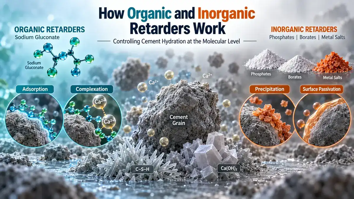 Organic and inorganic concrete retarder mechanisms in cement hydration