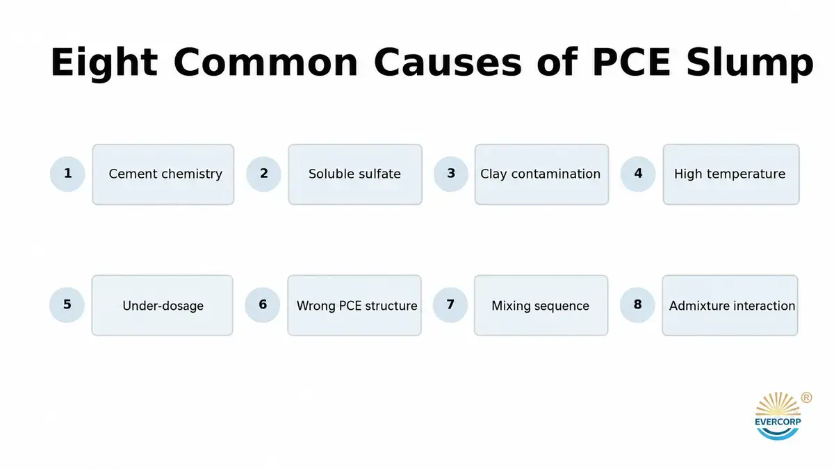 Eight common causes of PCE superplasticizer slump loss in concrete