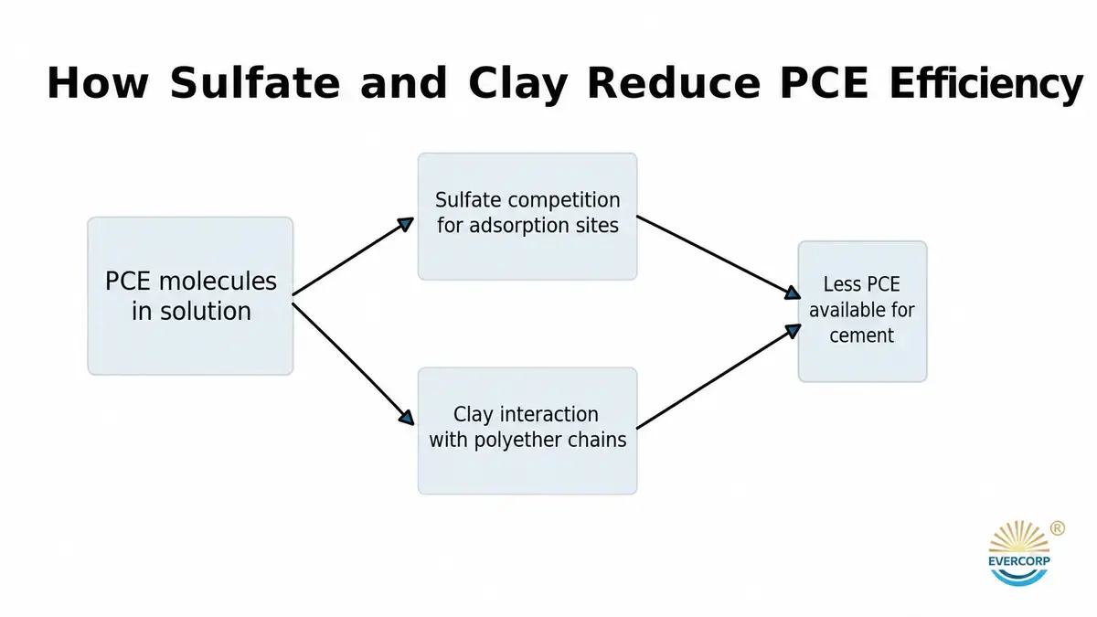 Effect of sulfate and clay on PCE adsorption and cement dispersion