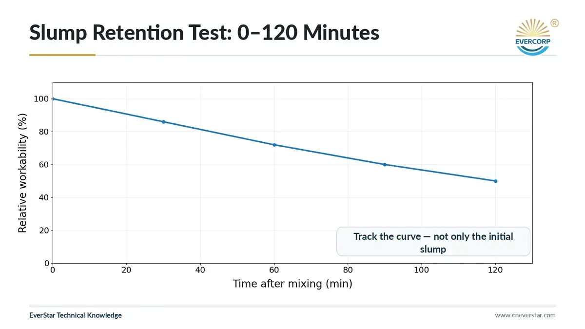 Concrete slump retention testing at 0 30 60 90 and 120 minutes