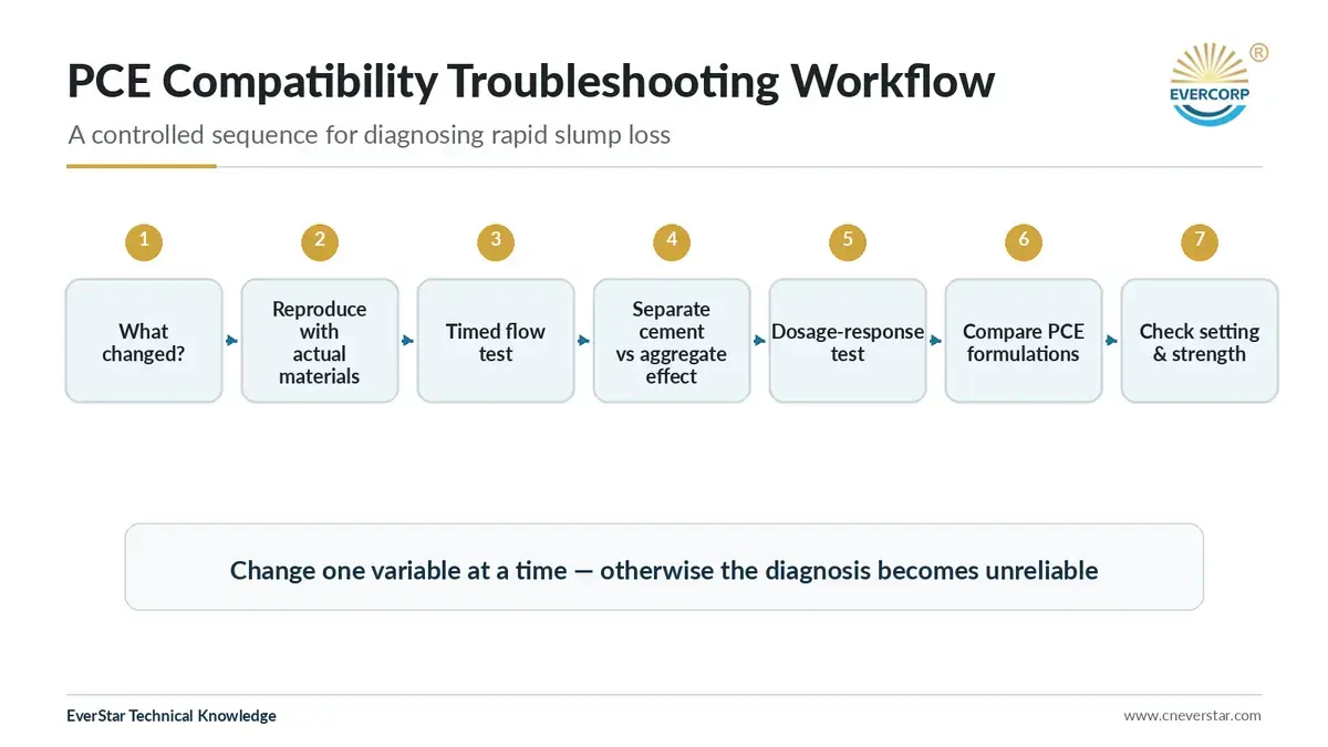 Troubleshooting workflow for PCE cement compatibility and slump loss problems