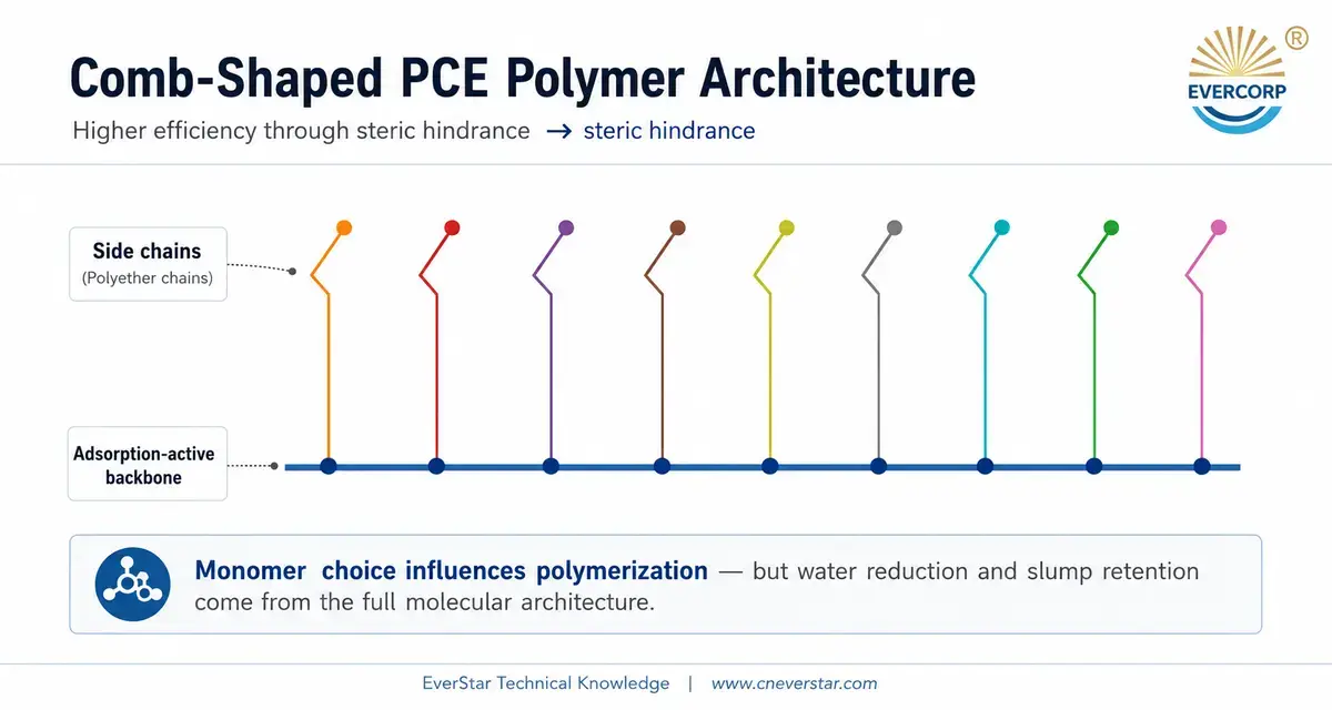 Comb shaped PCE molecular structure produced from polyether macromonomers Comb shaped PCE molecular structure produced from polyether macromonomers