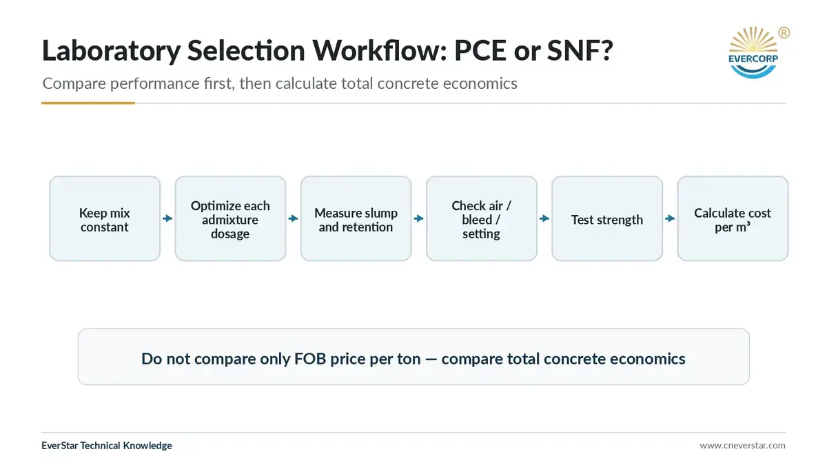 Concrete laboratory testing workflow for PCE versus SNF superplasticizer